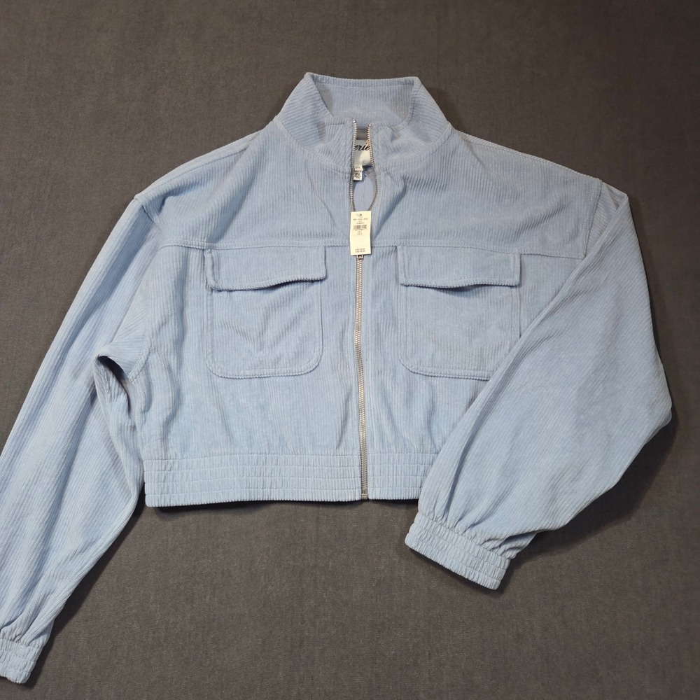 Aerie Corduroy Jacket Womens Large Blue Cropped Full Zip Mock Neck Utility 08/22